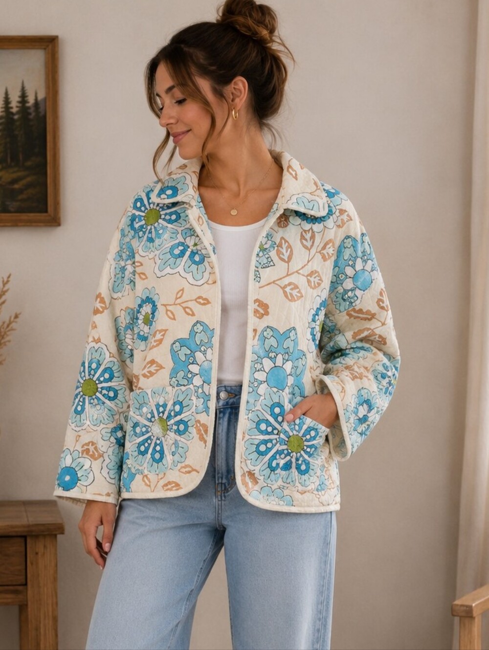 Handmade 70' Quilted Jacket Floral Coastal Vintage
